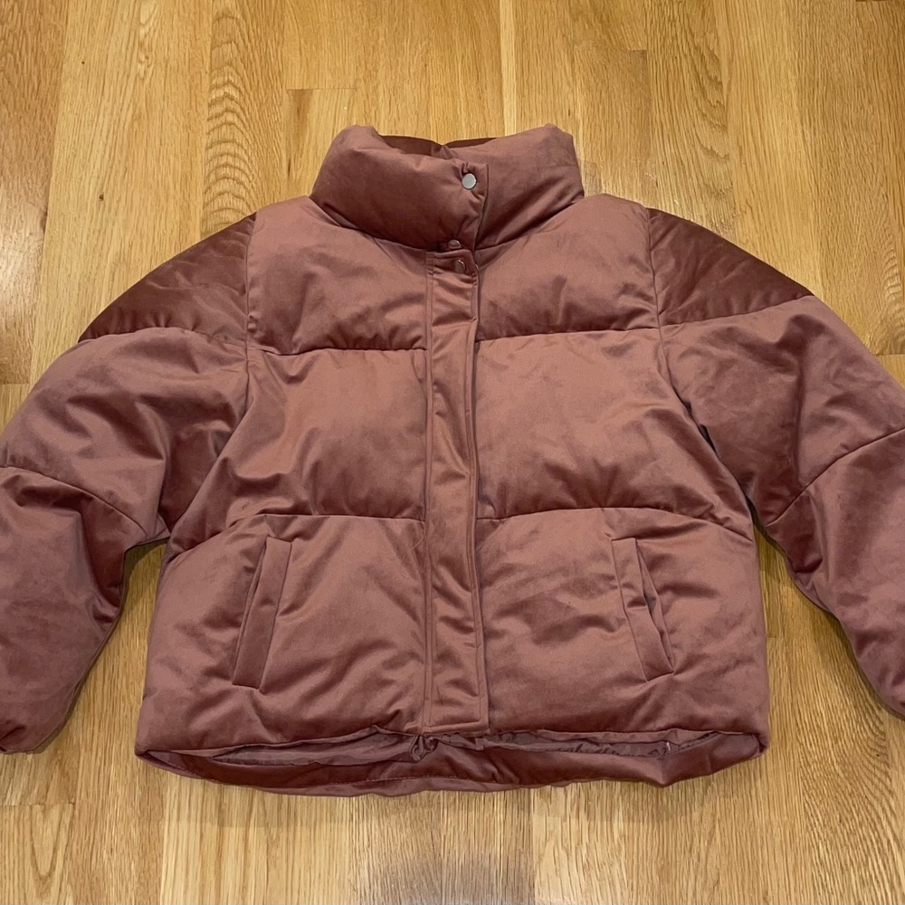Pink velvet puffer jacket